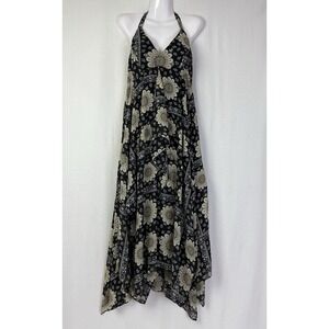ROBBIE BEE Floral Black Ivory Pullover Halter Boho Dress Maxi Size L